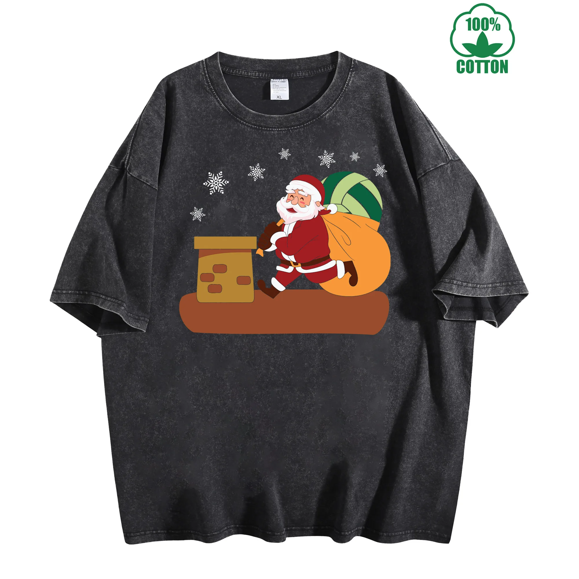 تي شيرت سانتا كلوز يعطي هدية تي شيرت كلاسيكي مغسول 230 جرام 100% قطن للجنسين ملابس شارع كبيرة الحجم مريحة