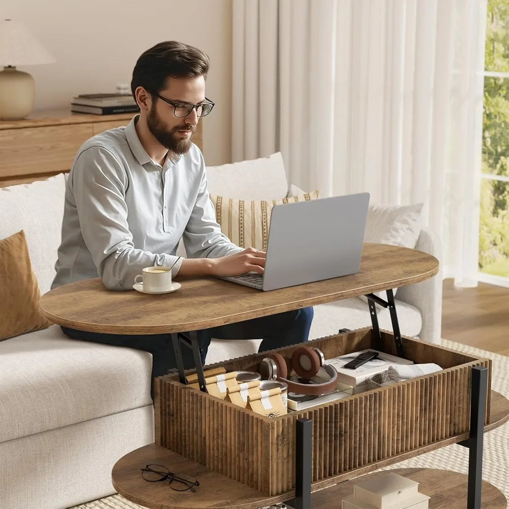 Mesa de centro oval com tampo elevatório com centro de madeira canelada e armazenamento oculto, mesas pequenas com borda curvada de 3 camadas, design moderno