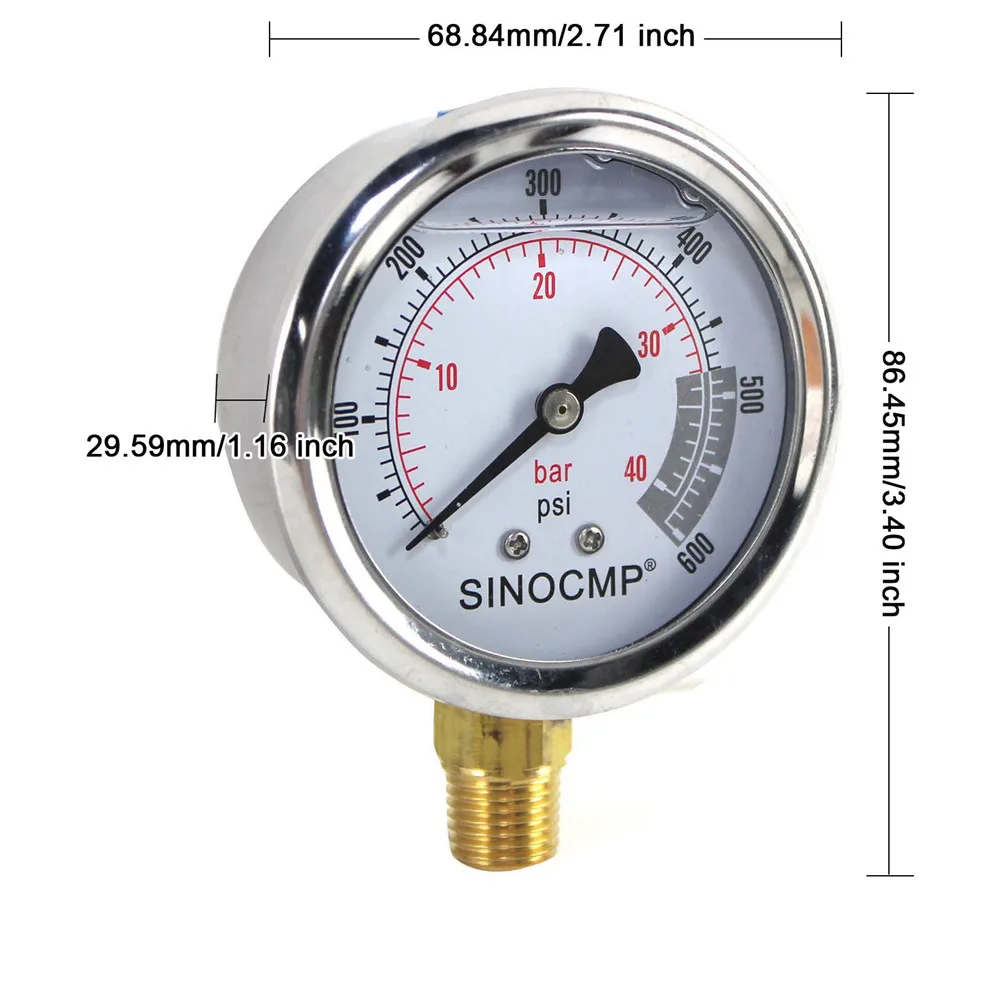 NPT1/4 Hydraulic Pressure Gauge 4Mpa/0-40Bar/0-600PSI Multi Purpose Double Scale Stainless Steel Glycerin Filled Gauge