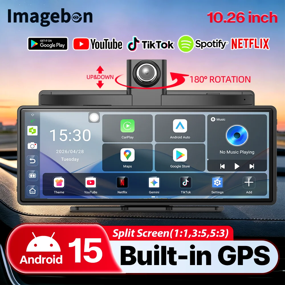 Imagebon 10,26" Android 15 Dashcam mit Integriertem GPS, 8-Kern-Prozessor, CarPlay & Android Auto, 1080P Dual-Aufnahme, GPS-Navigation, Google Play, YouTube, Auto-DVR, KI-Smart-Bildschirm