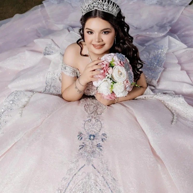 

Shiny Light Pink Quinceanera Dress off-shoulder Glitter Decal Layering Long tail Big Bow vestidos de 15 Quinceanera ﻿Customize