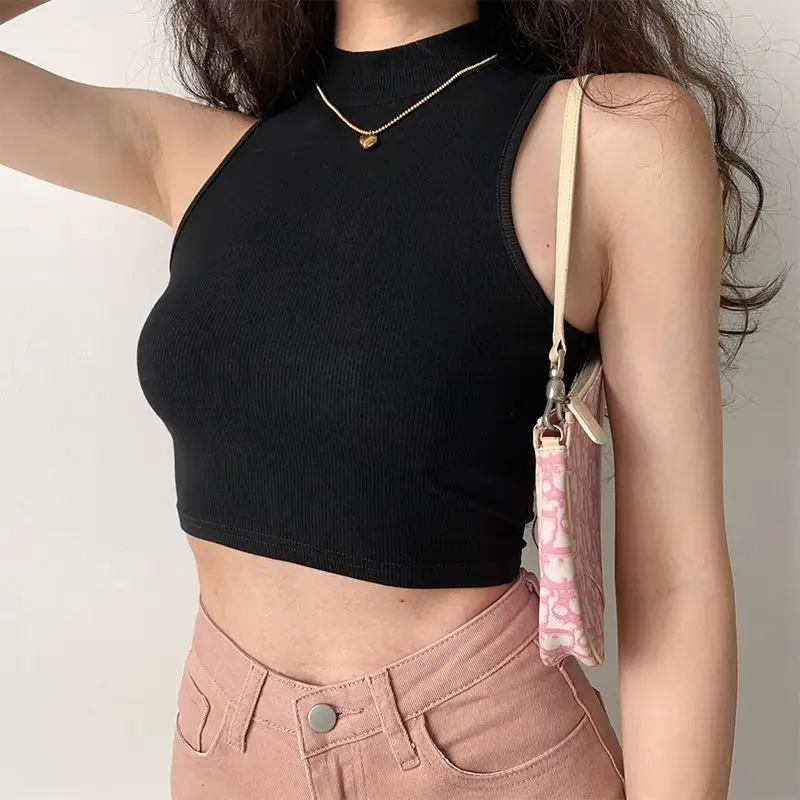 Korean Fashion Y2K T-shirt Woman Japanese Summer Turtleneck Sleeveless Tee Shirt Woman Sexy Skinny Solid Crpped Tanks Top Kpop