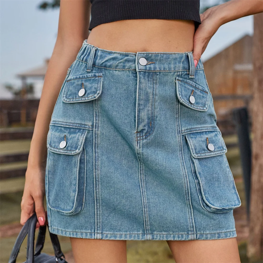 

Benuynffy Vintage Women Denim Short Skirts Summer Streetwear Multi Pocket Elastic Waist Female Casual Washed Cargo Mini Skirts