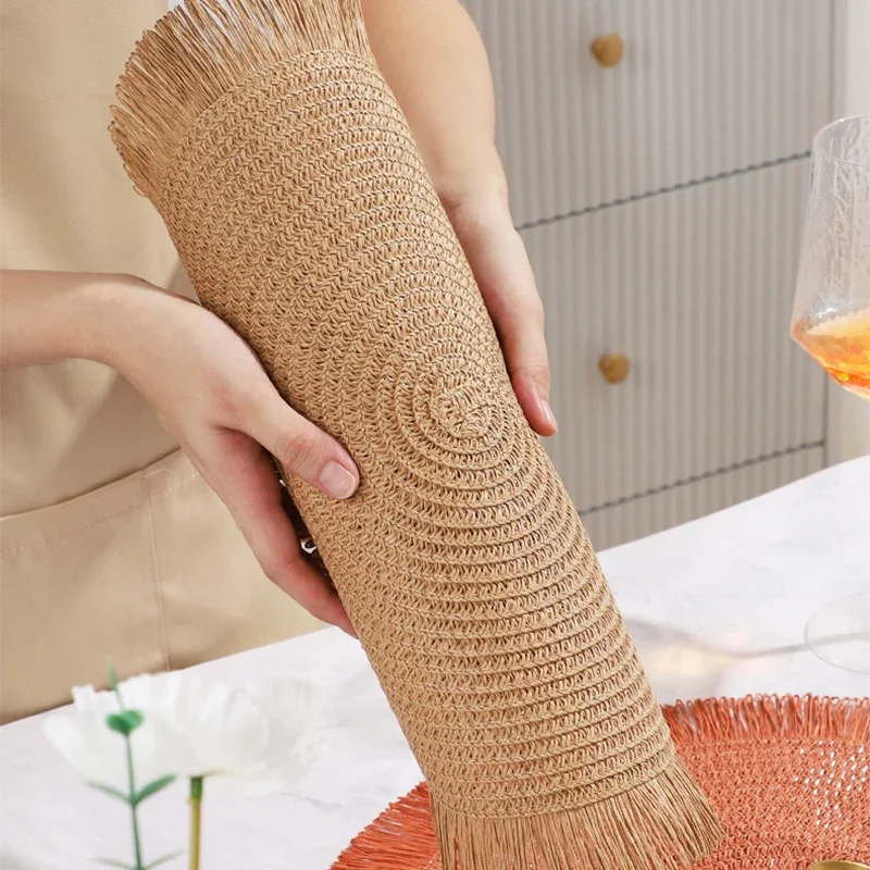 Tassel Paper Woven Placemat Solid Color Circular Lace Anti Slip Placemat Environmentally Friendly Coffee Dining Table Decor Mat
