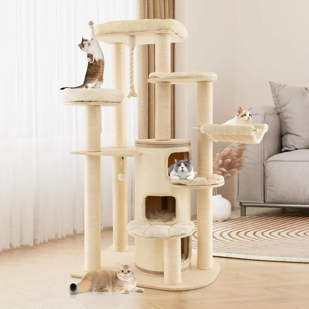 Cat Tree, Top Perch, 3-Story Cat Condo, Sisal Scratching Posts, Ball, Hanging Play Rope, Multi-Level Modern Large Cat Tower