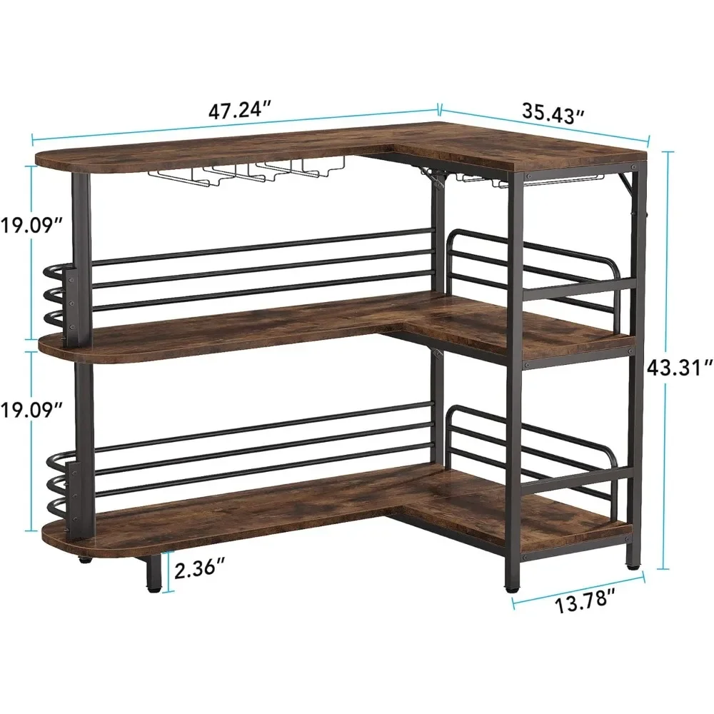 Shaped Home Bar Unit, 3 Tier Liquor Bar Table with Storage Shelves and Wine Glasses Holder