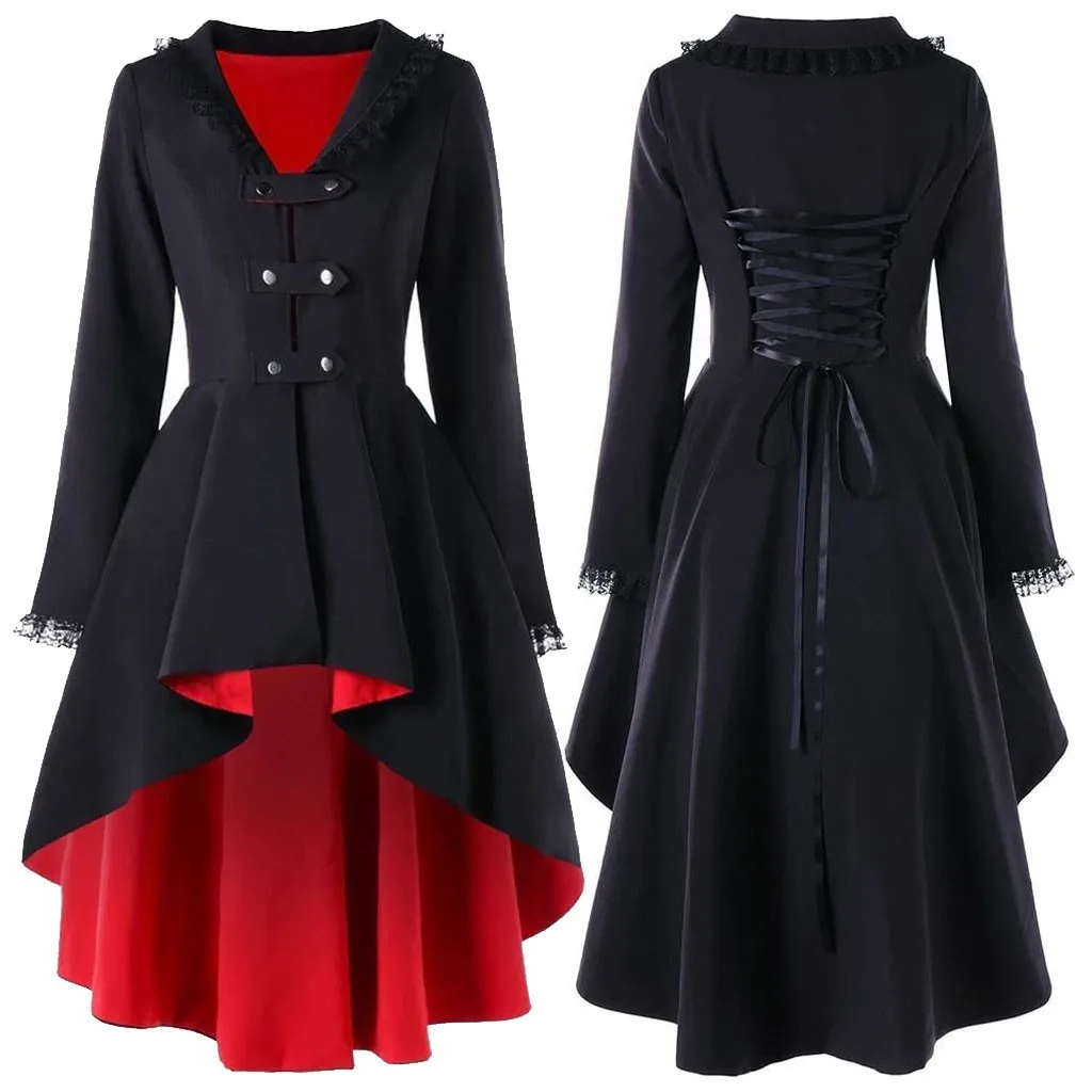 

Women's Lace Tailcoat Dresses Long Sleeve Formal Party Outwear Medieval Victorian Women's Coat Dress Lace-Up Slim Coat Women