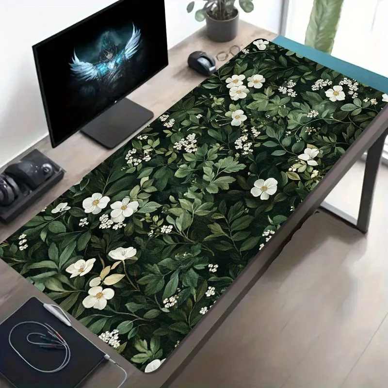

Большой игровой коврик для мыши с рисунком белых цветов и листьев, нескользящий, на резиновой основе, для стола