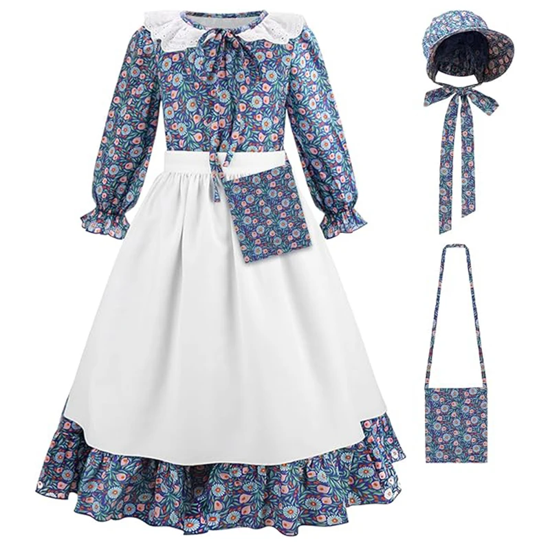 Carnival Party Costume Flower Girl Princess Dress Kids Prairie Pioneer Dress Causal Girls Medieval Vinatge Pastoral Floral Dress