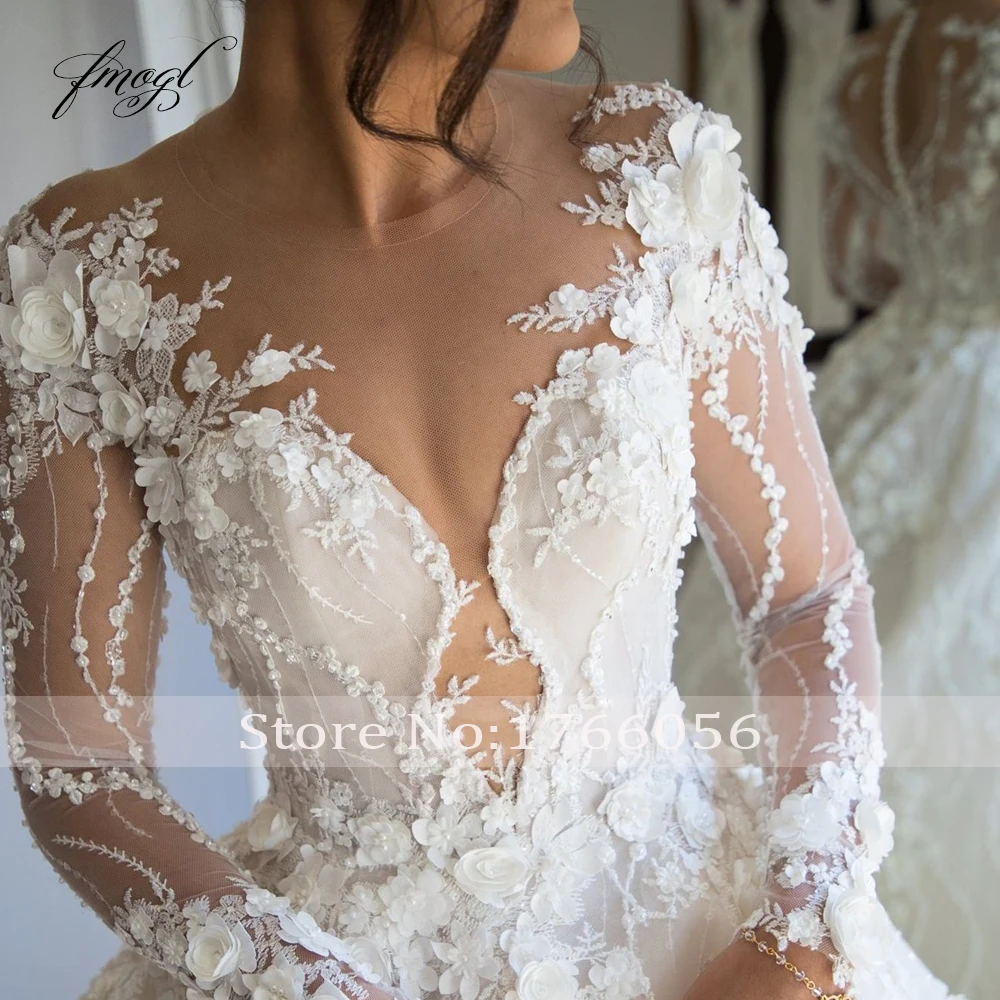Customized Sexy Sweetheart Long Sleeve Lace Ball Gown Wedding Dresses Luxury Flowers Chapel Train Vintage Bridal Gown image 3