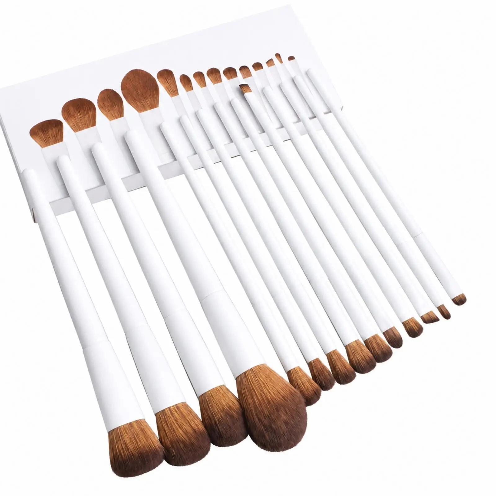 Complete Makeup Brush Set 14pcs White Aluminum Handle Synthetic Fiber Brush Kit for Face Eye Base Blending Contour Highlight
