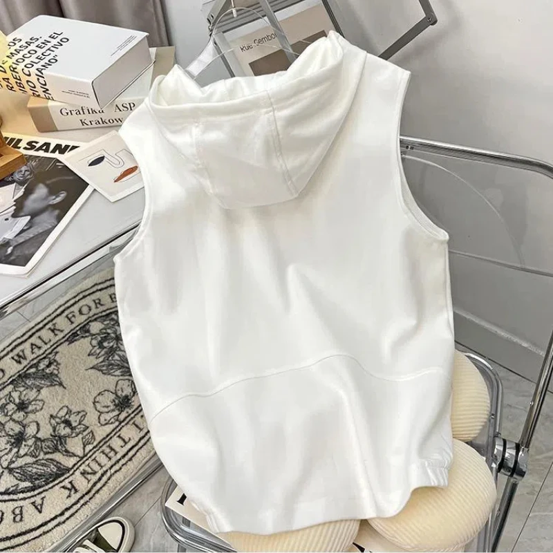 Simplicity Casual Summer Solid Women\'s Hooded Pockets Zipper Drawstring Trend Versatile Sleeveless Loose Sweatshirt Vest Tops