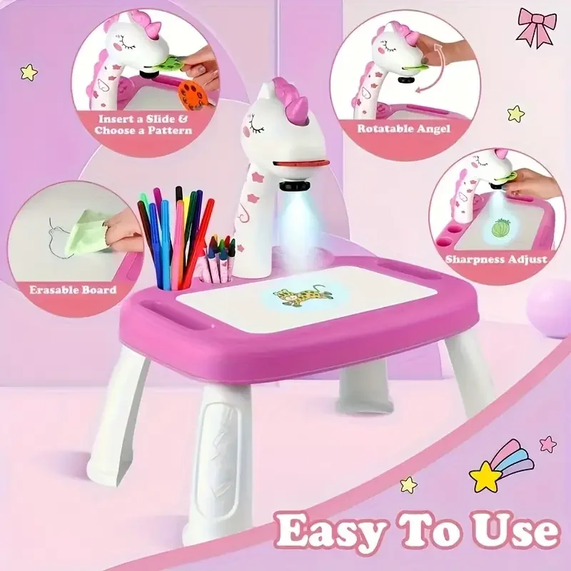 A popular unicorn projection music drawing board in the United States, suitable for children over 3 years old to learn drawing.