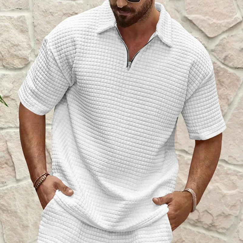 Summer New Polo Shirt Men's Casual Jacquard Small Square Solid Color Lapel Sports Short