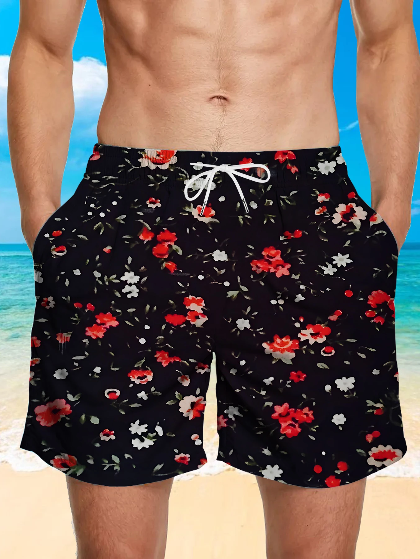 Trendy All Over Digital Print Shorts Men Light Quick Dry Polyester Beach Bottoms