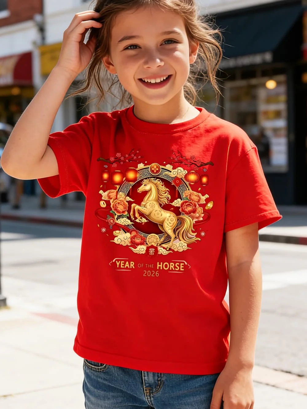 Happy Chinese Lunar New Year of the Horse 2026 Kids T-Shirt Creative Cartoon Print Short Sleeve Tops Casual Crew Neck Clothing