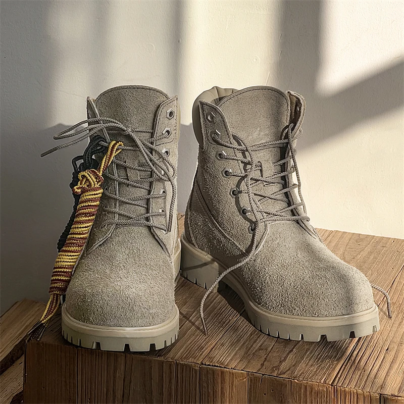 European  American Men Thick Soled Motorcycle Boots Height Increasing Anti Slip Frosted BreathableYouth Fashionable Hiking Boots