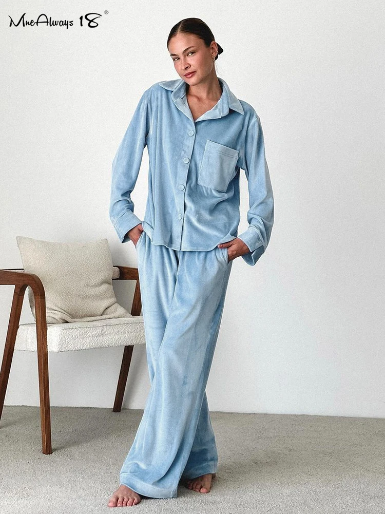 Mnealways18 Blue Velvet Pants Sets Women Two Pieces Homewear 2024 Notched Shirts And Wide Legs Pants Sleepwear Outfits Ladies