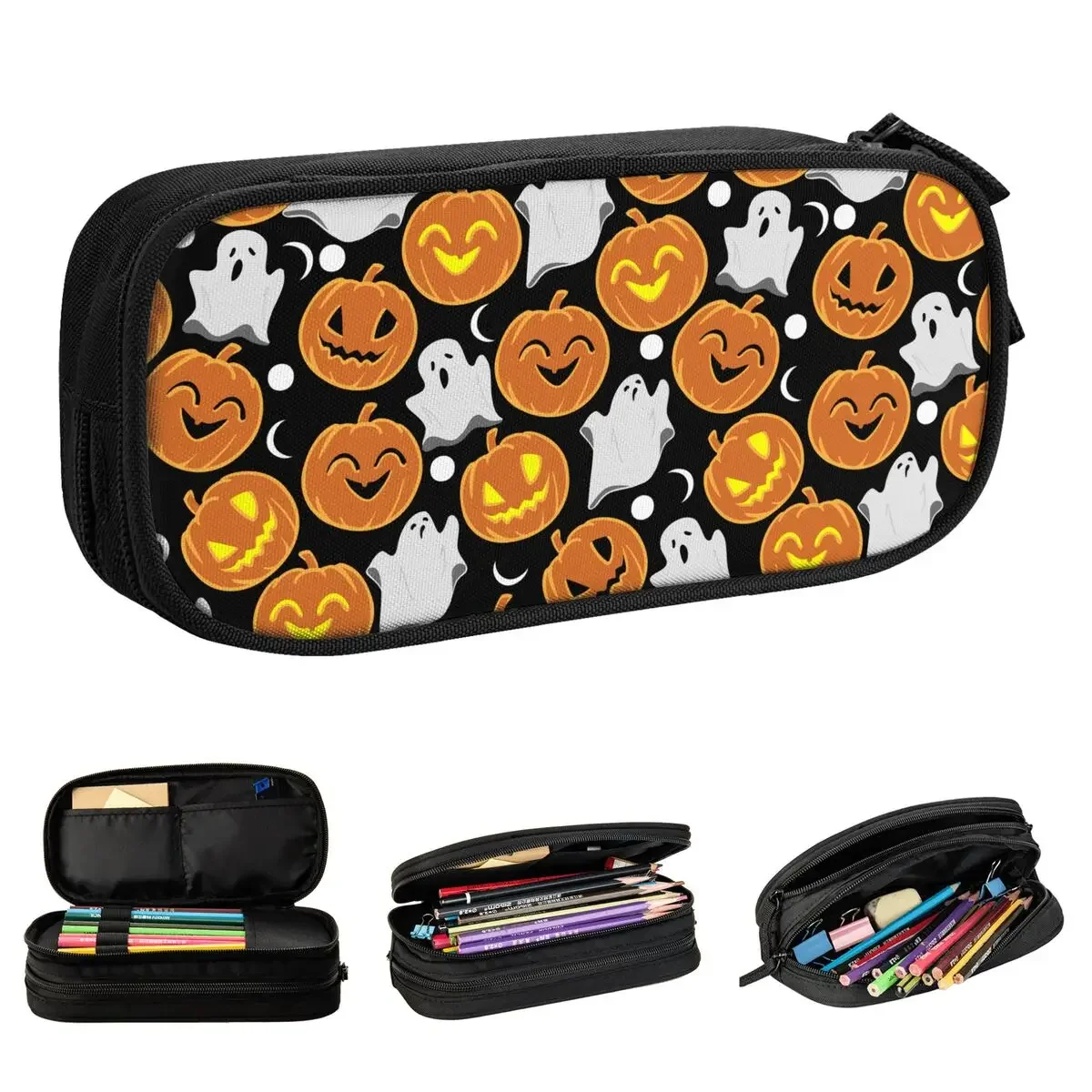 Halloween Elements Spooky Pumpkin Pencil Cases Fun Pen Pencil Bags Student Large Storage School Supplies Zipper Pencilcases