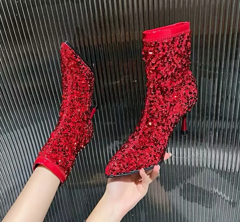 Red Bling Bling Sequined Ankle Boots Thin High Heel Pointed Toe Full Covered Paillette Booties Shining Wedding Shoes