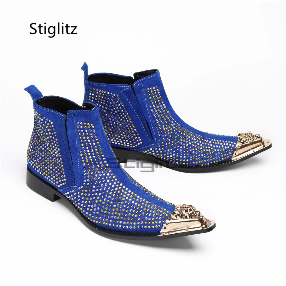 Bling Crystal Rhinestone Cowboy Boots for Men Bright Red Blue Suede Metal Pointed Toe Side Zipper Nightclub Performance Shoes