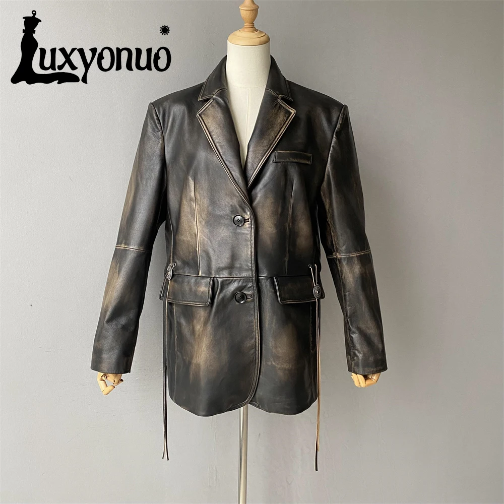 Casaco de pele de carneiro feminino genuíno, jaqueta de couro real, blazer estilo solto feminino, luxuoso e elegante, de alta qualidade, outono