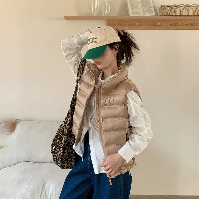 New Autumn Winter Down Cotton Women's Vest Korean Loose Girl's Versatile Stand Collar Vest Coat Leisure Time Outdoors Black