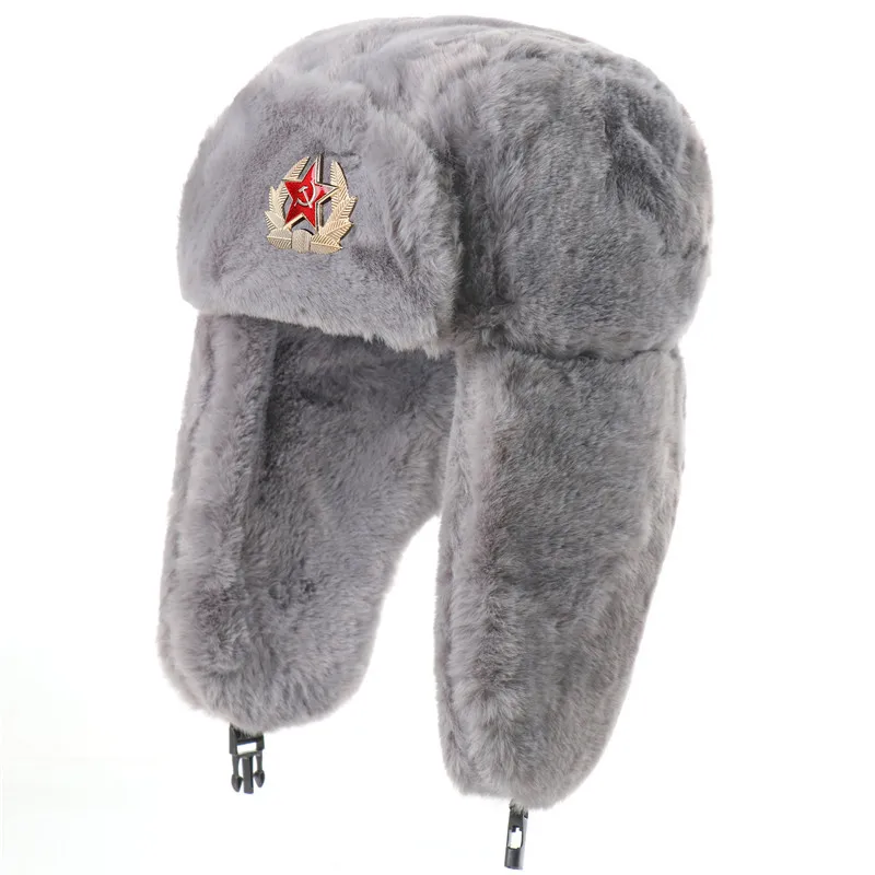 Unisex Soviet Badge Pilot Hat - Faux Rabbit Fur, Ear-Protection, Russian Style Full Fur Warm Cap for Winter Outdoor Cold-Proof