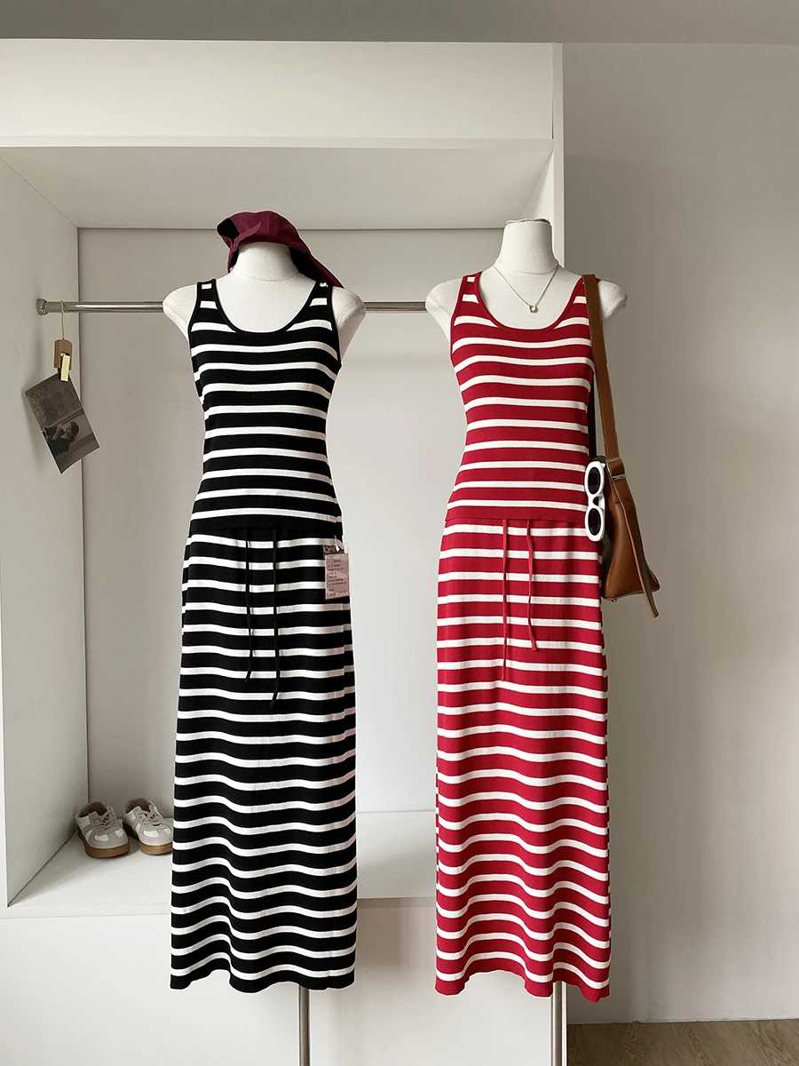 

Summer 2025 Korean Style Retro Striped Crop Top And High Waist Midi Skirt Set Color Block Fashionable Two-Piece Women's Suit