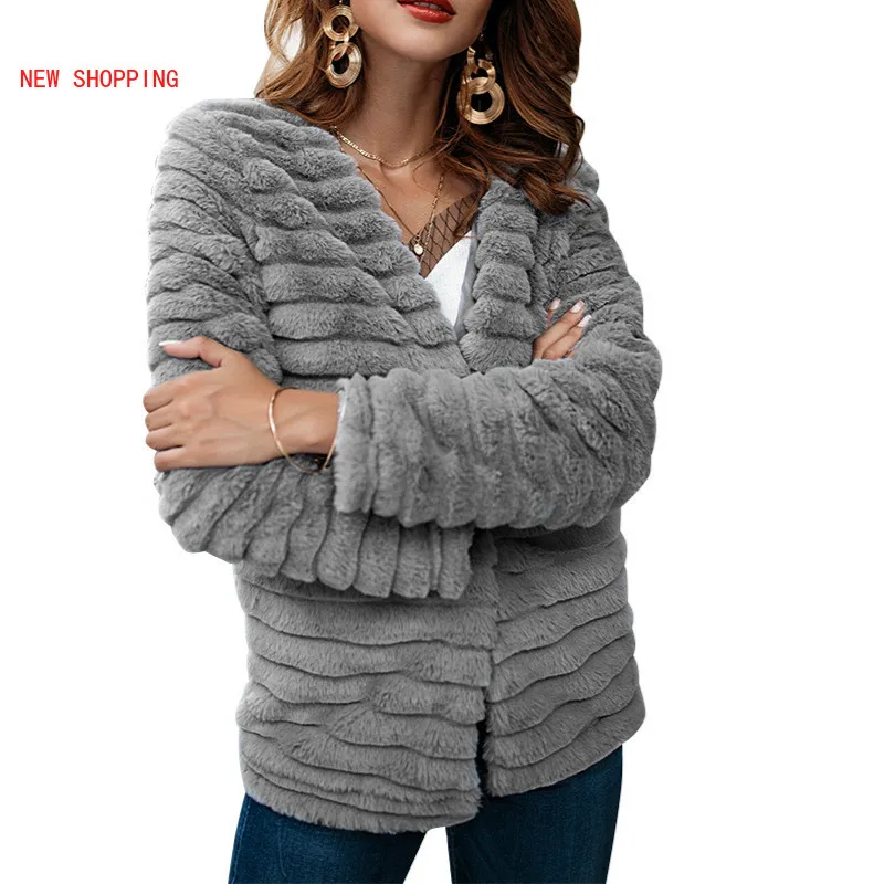 

2022 New Women Soft Rabbit Fur Coat Autumn Long Sleeve Windbreaker Quality Thick Jackets Plus Size Slim Winter Fur Jacket Gray