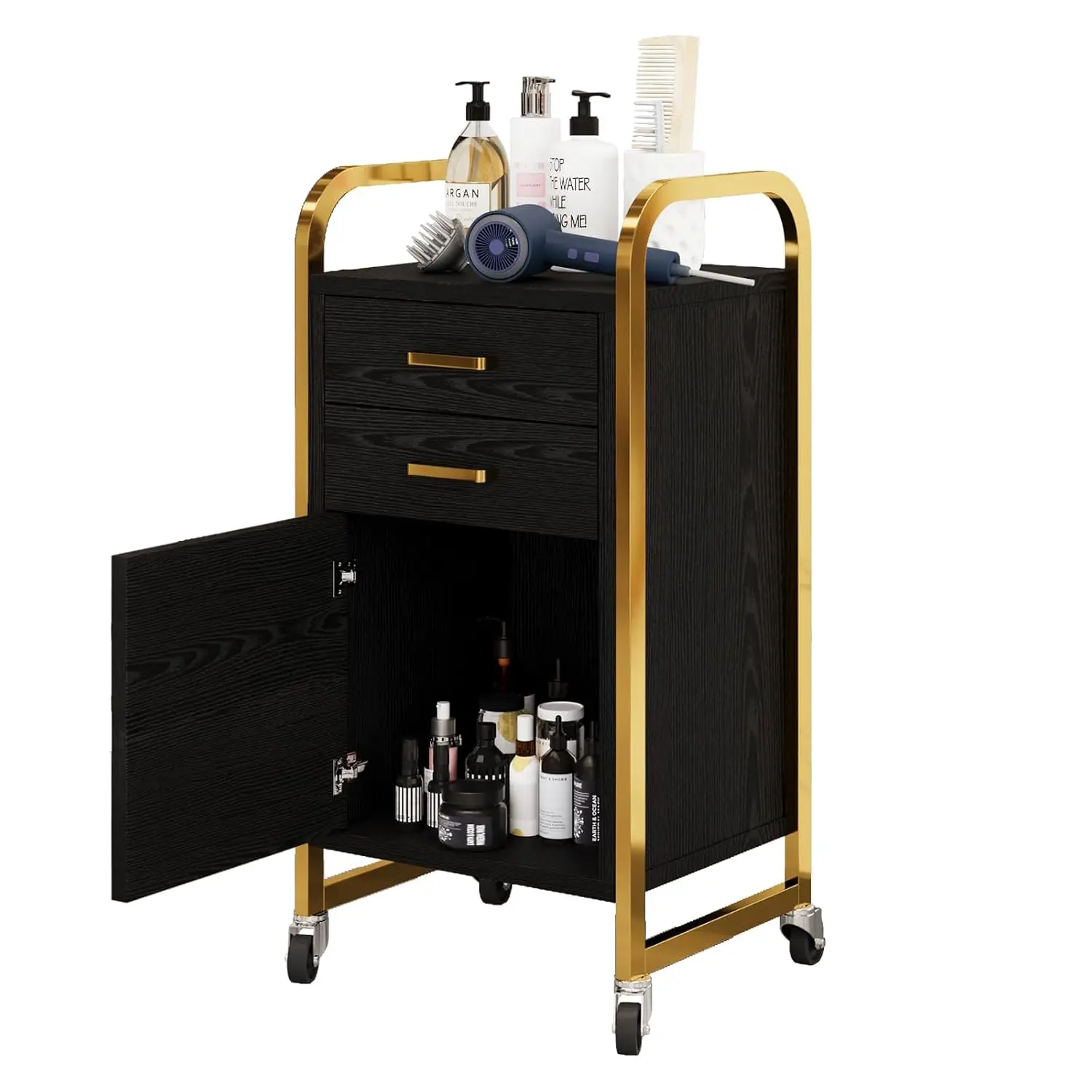 Carrito Rodante Negro y Dorado para Salón de Belleza con Ruedas, Carrito Móvil con 2 Cajones, Estación de Salón con Almacenamiento, Personalizable