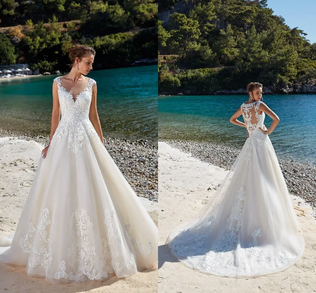 Vestidos De Novia elegantes y sexys De talla grande, Apliques De encaje, joya transparente, cuello ilusión en la espalda, Vestidos De Novia