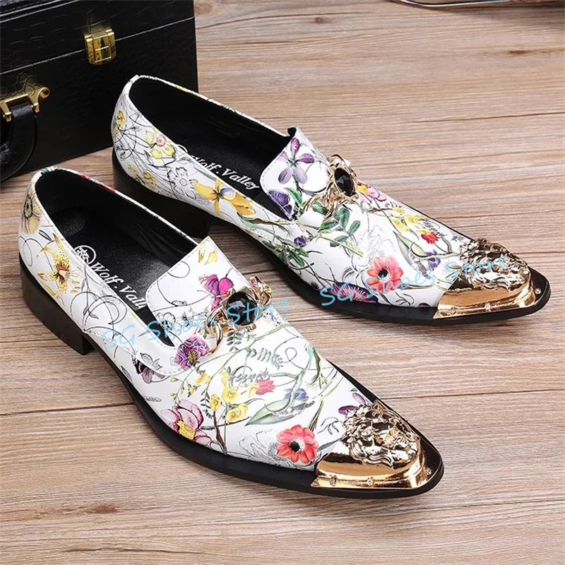Handmade Genuine Leather Wedding Dress Shoes Male Derby Shoes Fashion Mixed Color Prints Crystal Chain Loafers for Men
