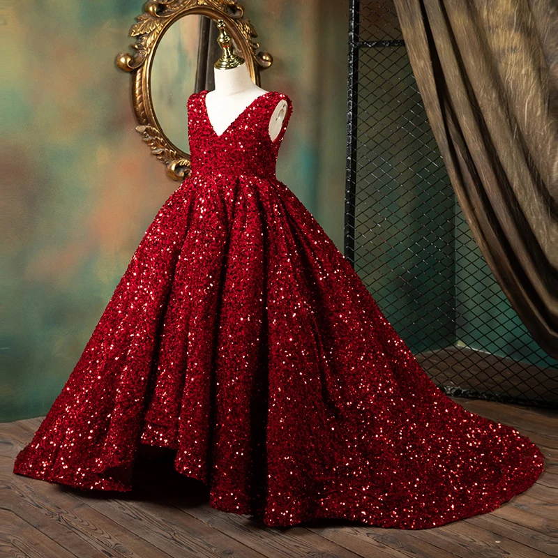 Wine Red Shining Flower Girls Sequin Dresses Long Glitz Pageant Formal Fluffy Party Ball Gown Wedding Luxury Mermaid Dress Prom