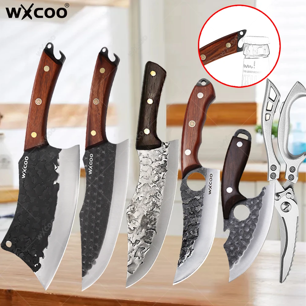 WXCOO Household Kitchen Knife Meat Cleaver Fish Boning Knife Hand Forged Butcher Utility Knife Bottle Opener Kitchen Scissors