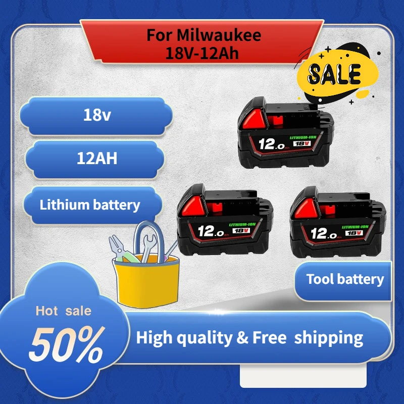 

18V 12Ah Compatible with Mi lwaukee 18V-12Ah 18B6 18V XC 48-11-1860 48-11-1852 tools batteries