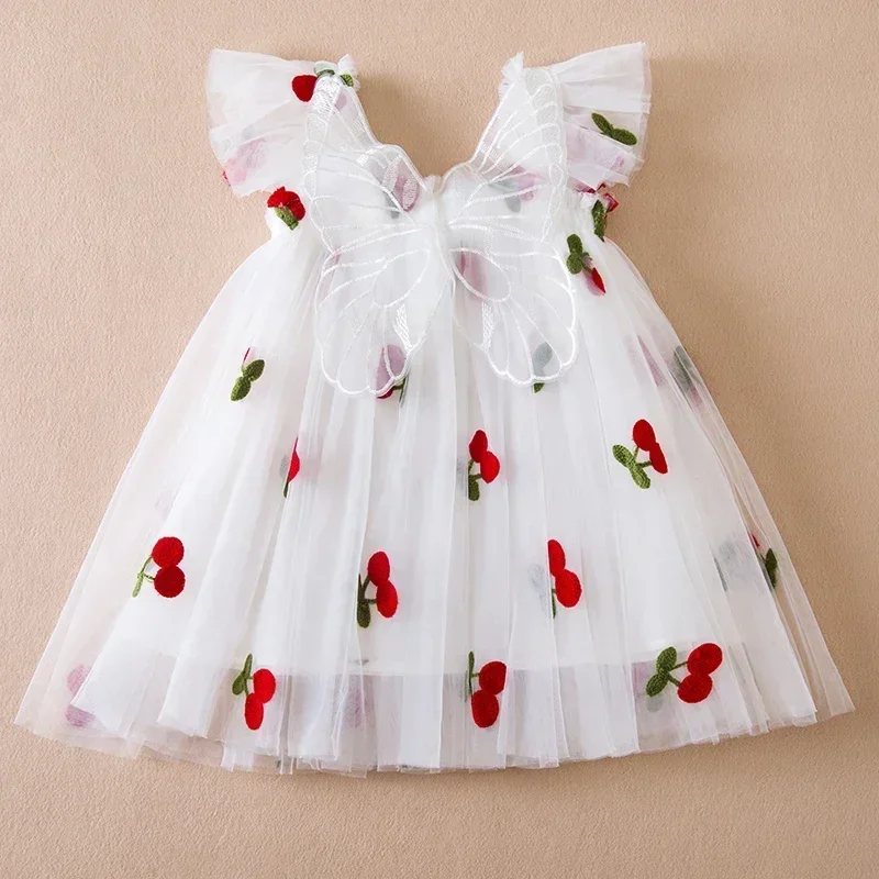 Summer New Girls Little Flying Sleeve Dress Children Cherry Embroidery Mesh Princess Dress Baby Girl Birthday Party Dress 1-5Yrs