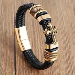 Vintage Hand Woven Eco-Friendly Leather Cross Bracelet with Magnetic Clasp Men\'s Fashion Pendant Religious Amulet Jewelry