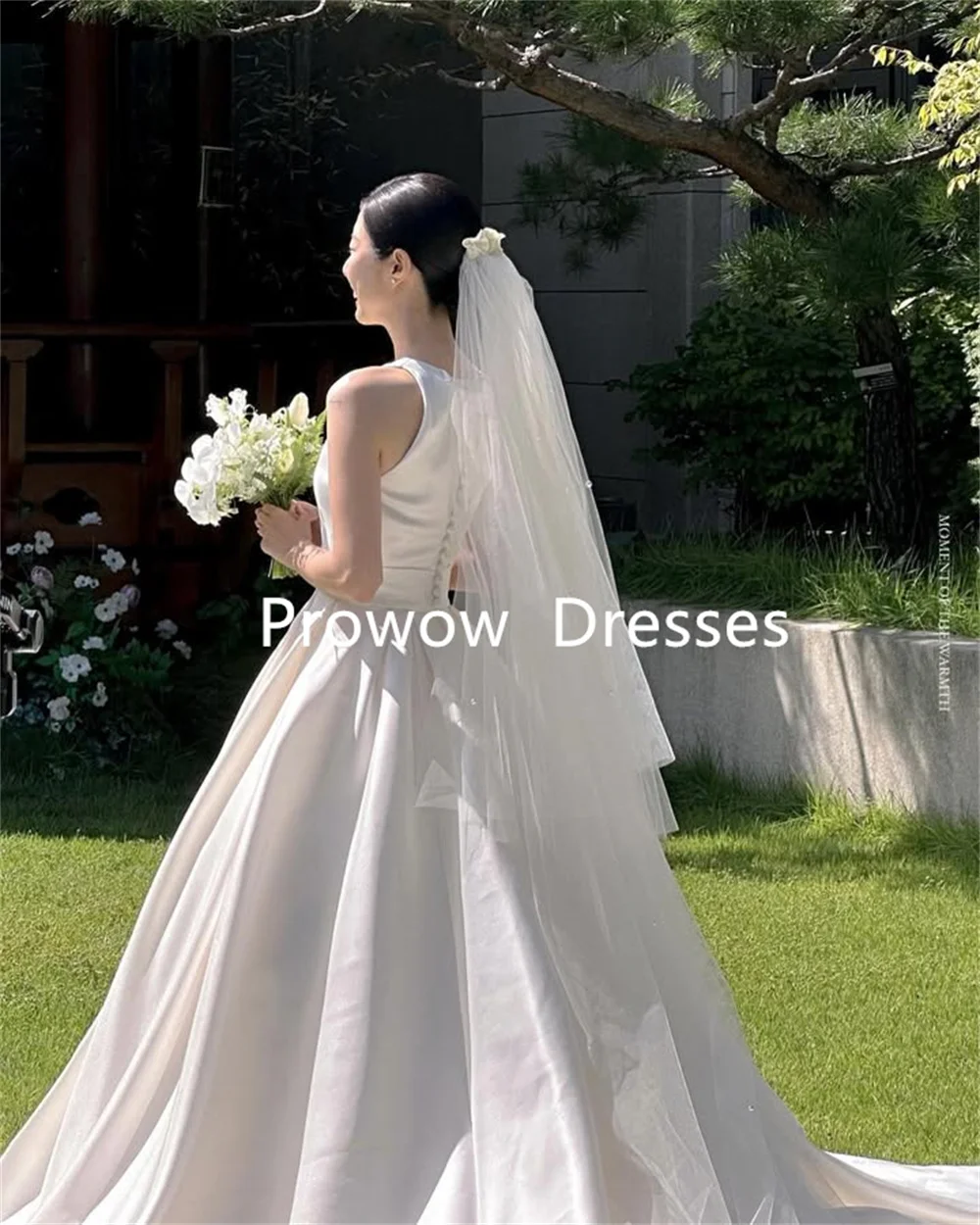 Prowow-Robe de Mariée Élégante en Satin à Plis au Dos, Vêtement à Col Rond avec lèvent Personnalisés, pour Séance Photo en Corée, 2025