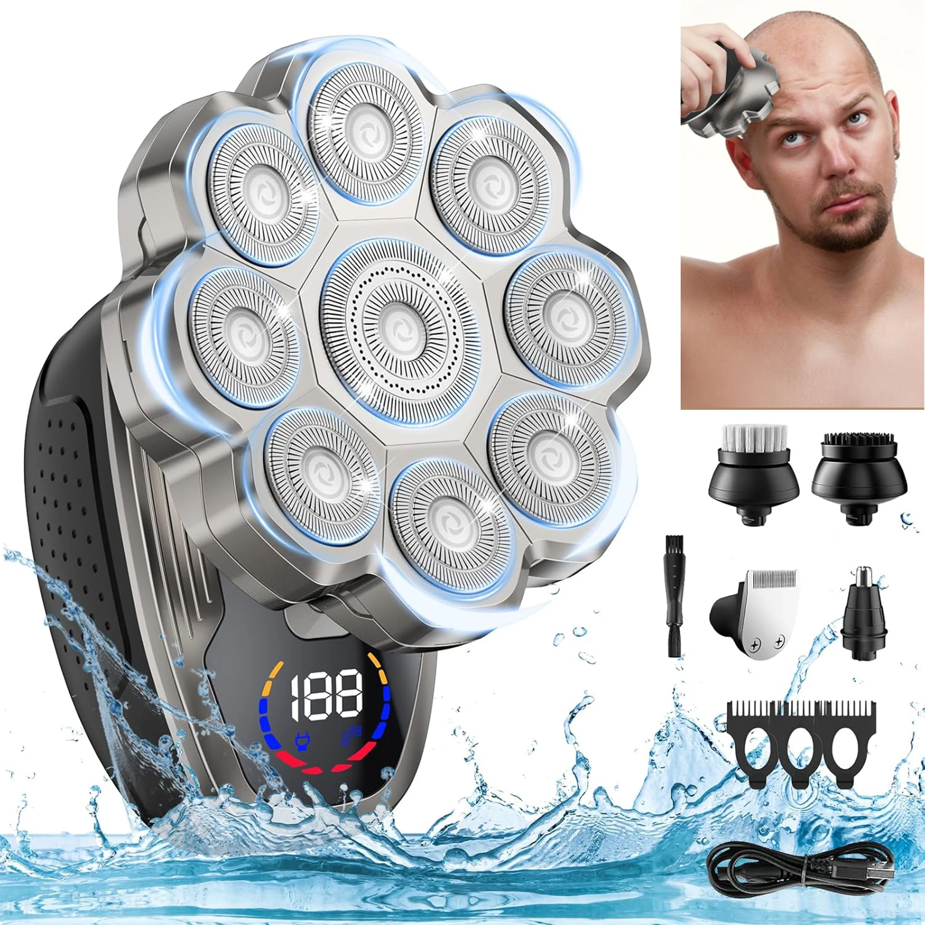 

Бритвы для лысины для мужчин Модернизированная электробритва 9D 5-в-1 Беспроводная перезаряжаемая бритва для лысины Триммер для волос в носу