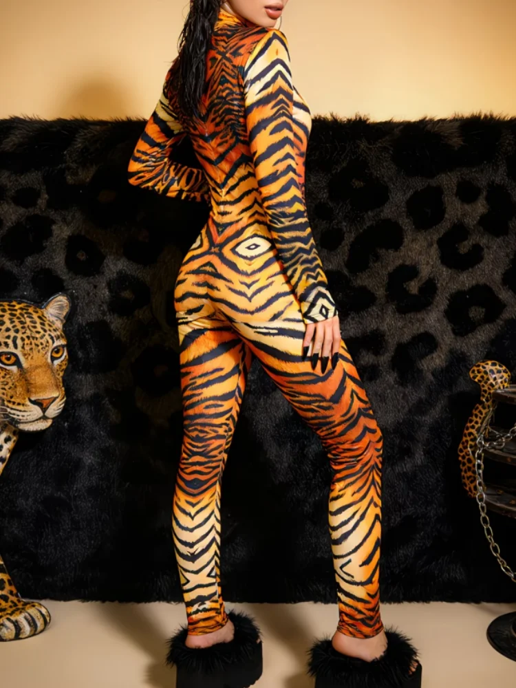 Damen Leoparden-Catsuit, eng anliegender Jumpsuit, Cosplay-Outfit, Halloween, Dschungel-Tier-Thema, Rave, Nachtclub, Tanz, Bühnenkostüm – Detail 15
