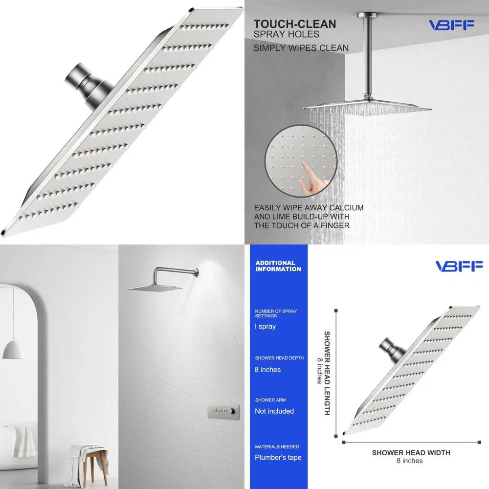 

8 Rainfall Square Shower Head, 1.8 GPM, Brushed Nickel Finish