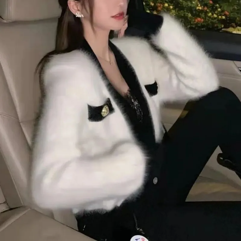 V-neck Knitting Cardigan Coat Women Autumn Winter Fashion Office Lady Solid Color Sweater Elegant Temperament Knitwear Tops