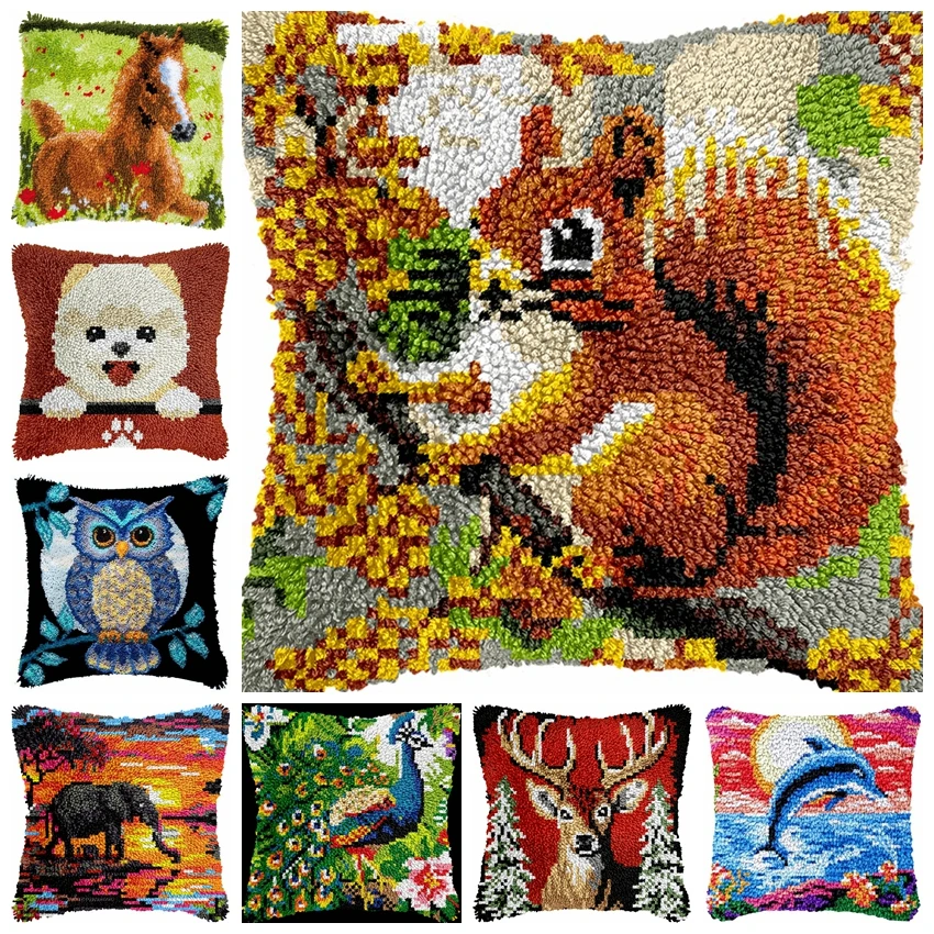 Animal Smyrna Latch Hook Pillow Carpet Embroidery Do-It-Yourself Squirrel Carpet Cushion Button Package Latch Hook Rug Kits Deco
