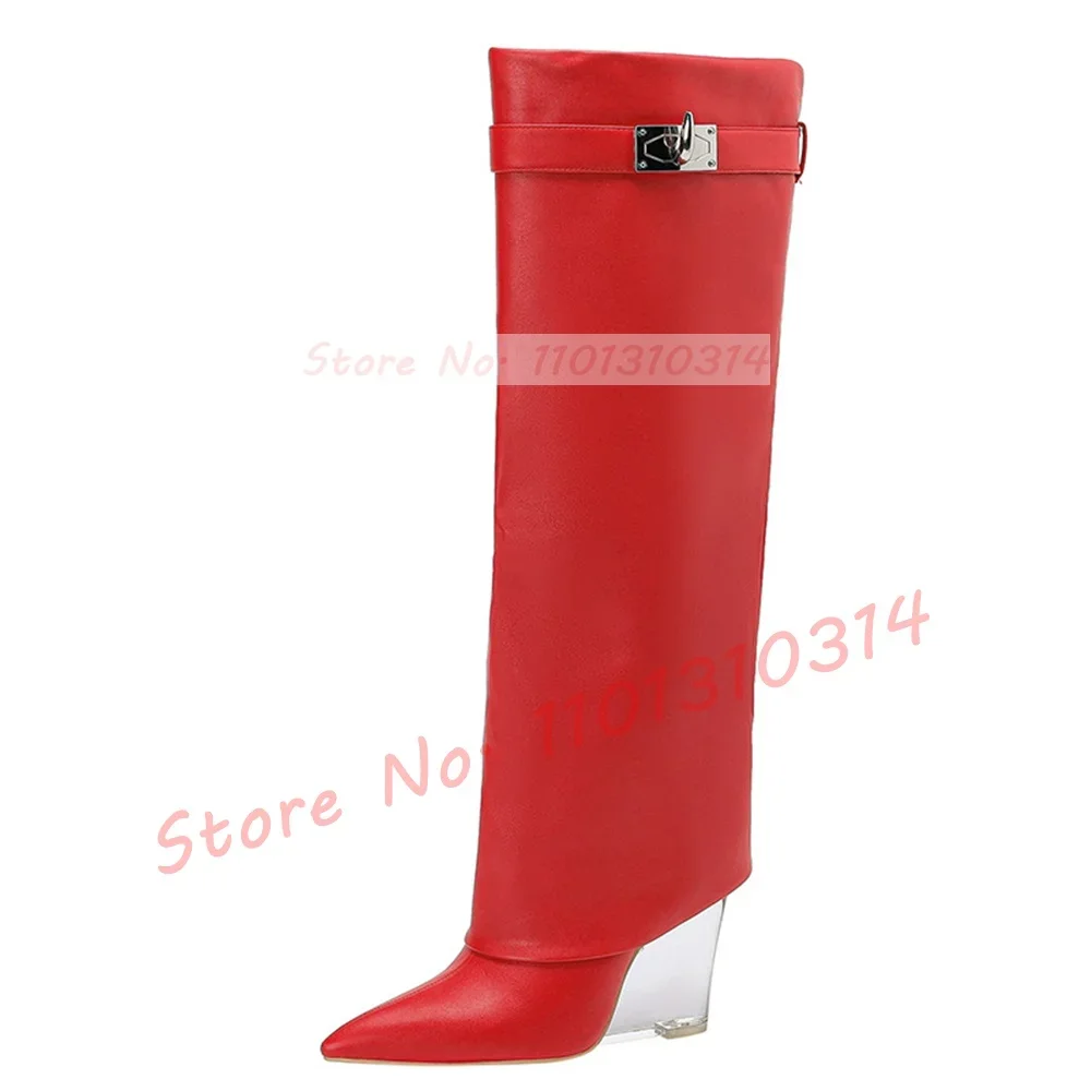 Transparent Wedge Knee-high Boots Women Pointy Toe Winter Fashion Metal Decor Foldover Shoes Ladies Streetwear Clear Heel Boots view 6