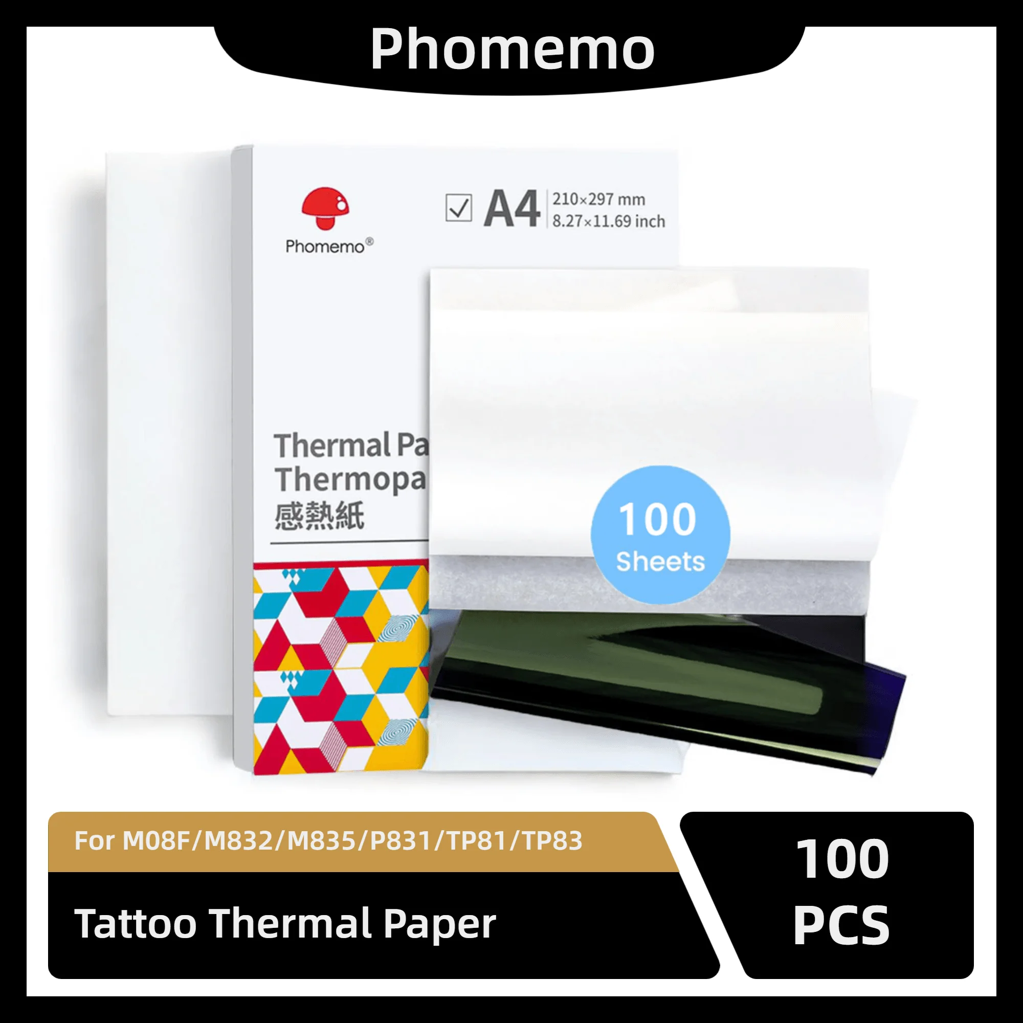 100 Uds Phomemo M08F papel de transferencia de tatuaje tamaño A4 papel de plantilla de fotocopiadora térmica plantilla de alta calidad para impresora de tatuajes M08F