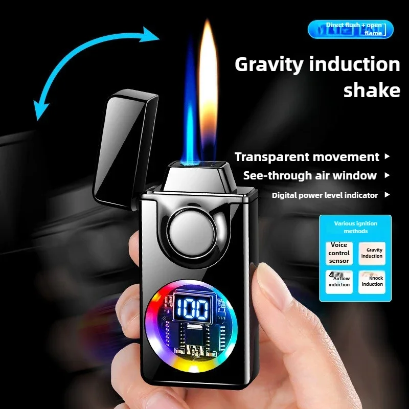 2025 New Voice Controlled Ignition Gas Lighter Color Light Battery Display Open Fire Switching Jet Fire USB Electric Lighters