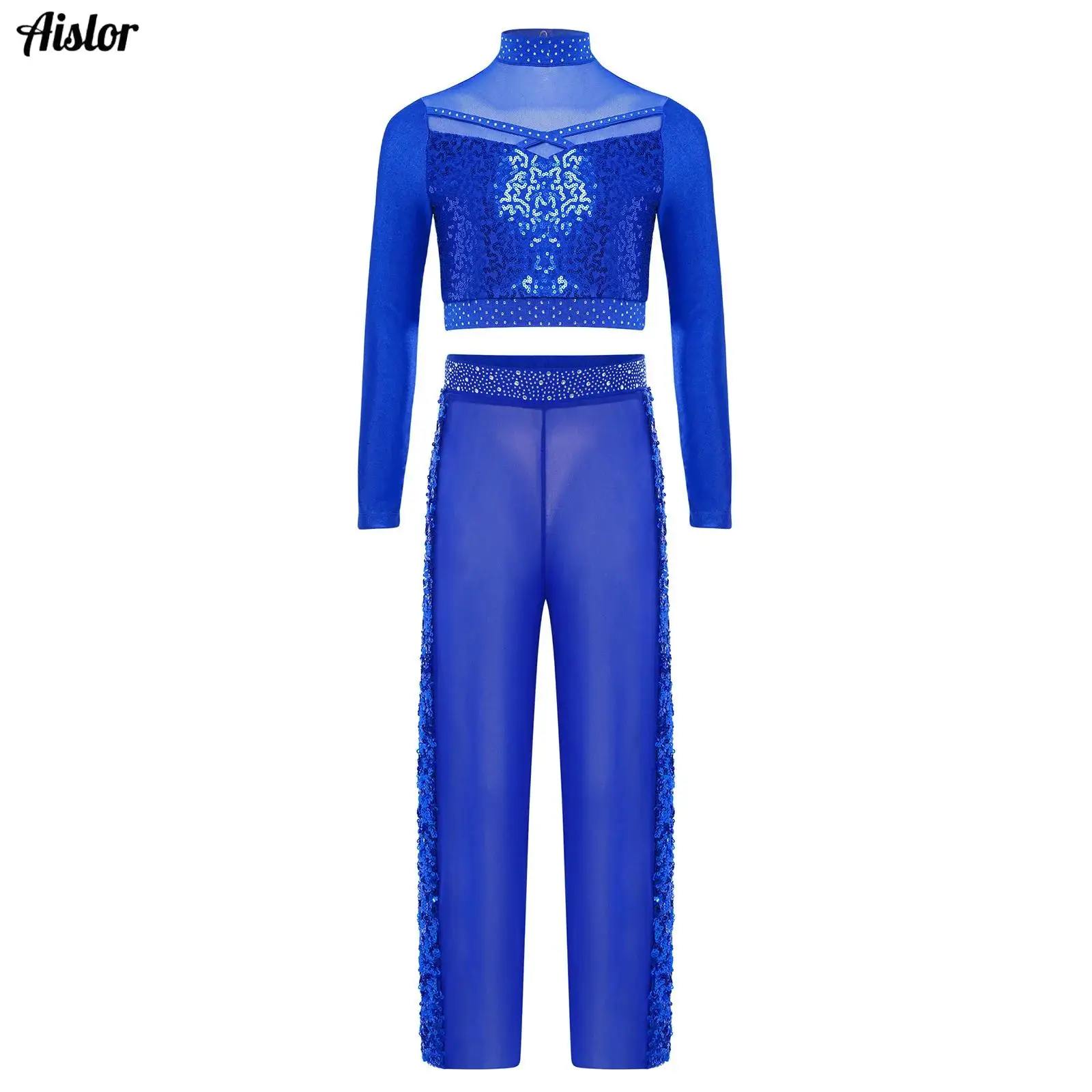 

Kids Girls Hip-hop Jazz Dance Outfit Shiny Sequin Mock Neck Long Sleeve Crop Top with Waist Rhinestones Sequins Sheer Mesh Pants