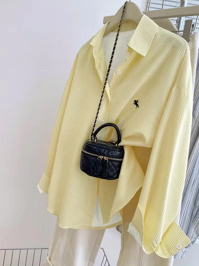 Camicia casual a maniche lunghe con bottoni sul davanti e stampa di cavaliere a righe da donna