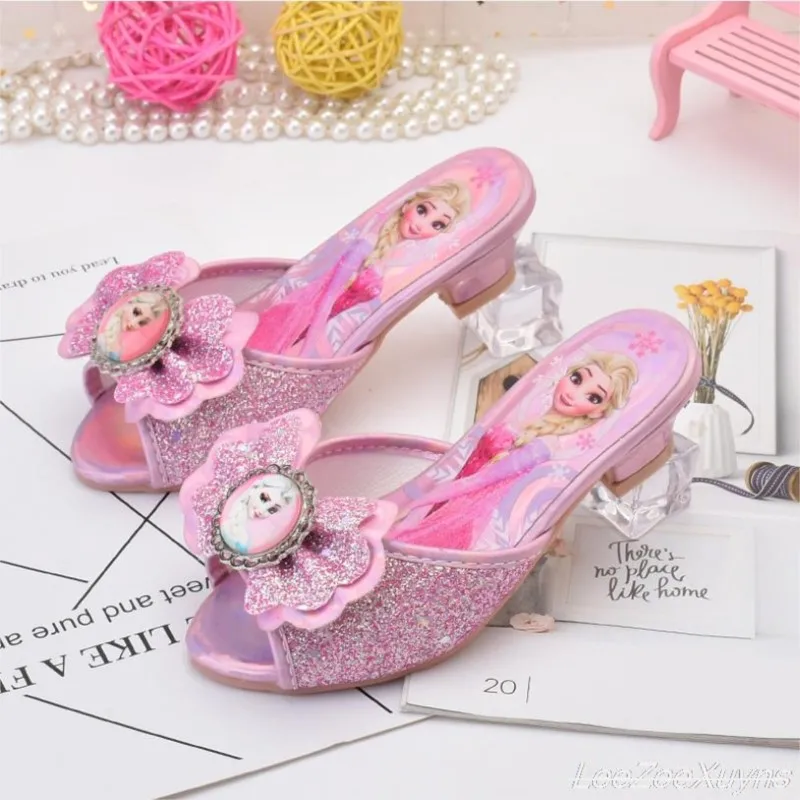 Girls Summer Sandals Slipper Sequined Princesse Children High Heel Party Dress Elsa Shoes Leather Slipper Kids Slides